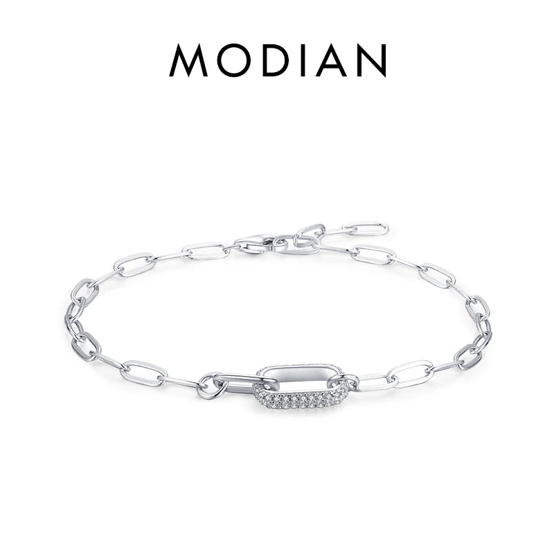 925 Silver Geometric Link Lock Bracelet Zirconia Chain Female Jewelry