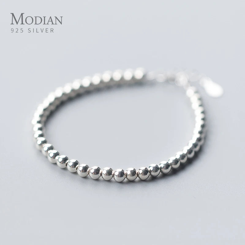 925 Sterling Silver Ball Strand Bracelet for Women Link Chain Fine Jewelry