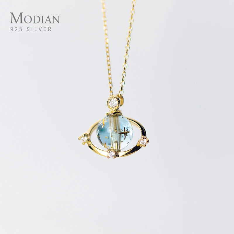 Crystal Planet Pendant Necklace 925 Sterling Silver Chain Fine Jewelry