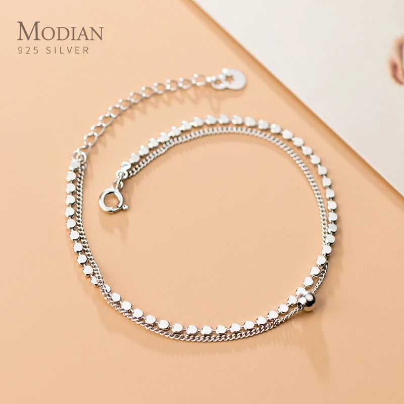 Irregular Sequins Bracelet 925 Sterling Silver Double Layer Chain