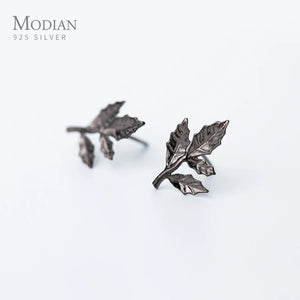 Vintage Tree Leaf Stud Earrings 925 Sterling Silver Allergy-Free Women's Jewelry