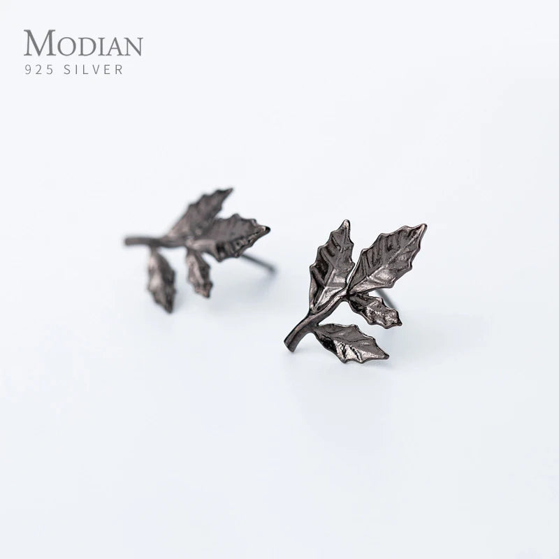 Vintage Tree Leaf Stud Earrings 925 Sterling Silver Allergy-Free Women's Jewelry