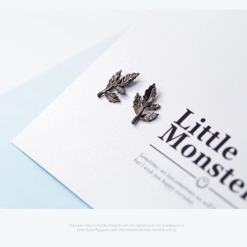 Vintage Tree Leaf Stud Earrings 925 Sterling Silver Allergy-Free Women's Jewelry