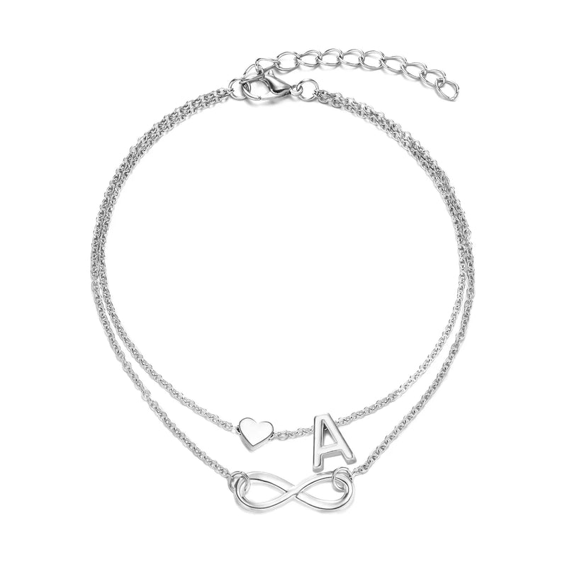 Silver Heart Initial Letter A-Z Anklet for Women