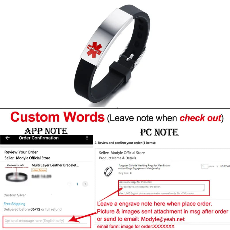 Medical Alert ID Bracelet Stainless Steel Silicone Rudder