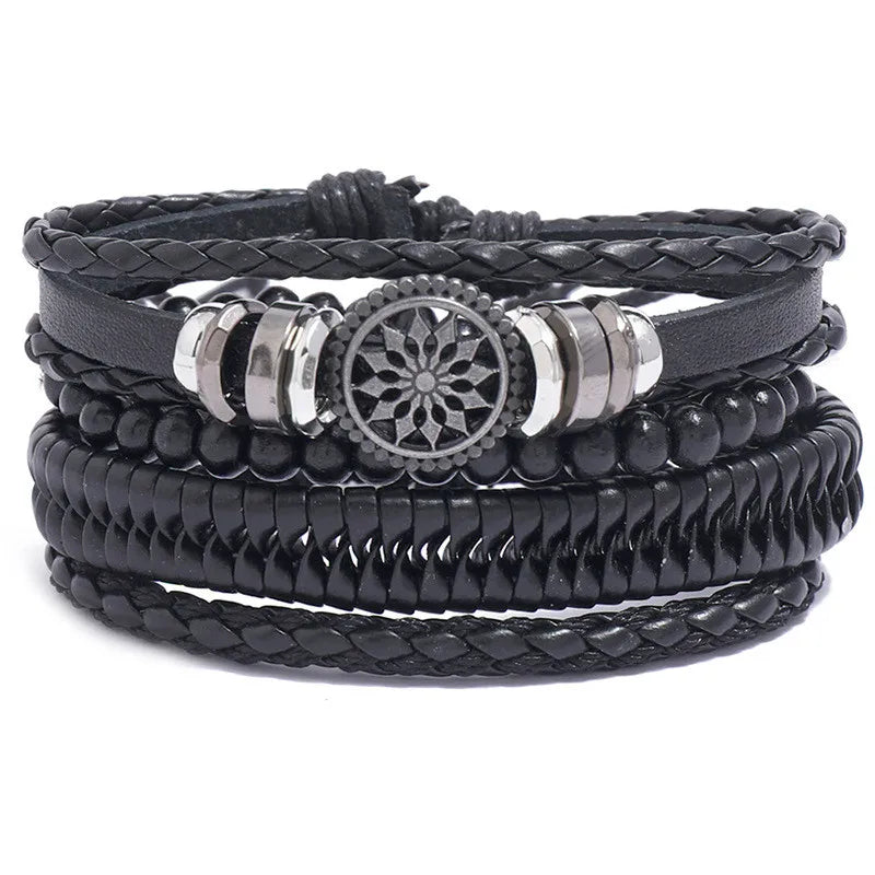 Adjustable Leather Bracelets for Men Set of 4 Braided Brown Bangle Gift