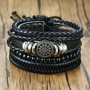 Adjustable Leather Bracelets for Men Set of 4 Braided Brown Bangle Gift