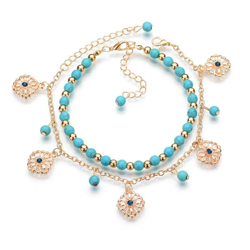 Bohemian Beads Ankle Bracelet Round Hollow Flower Anklet