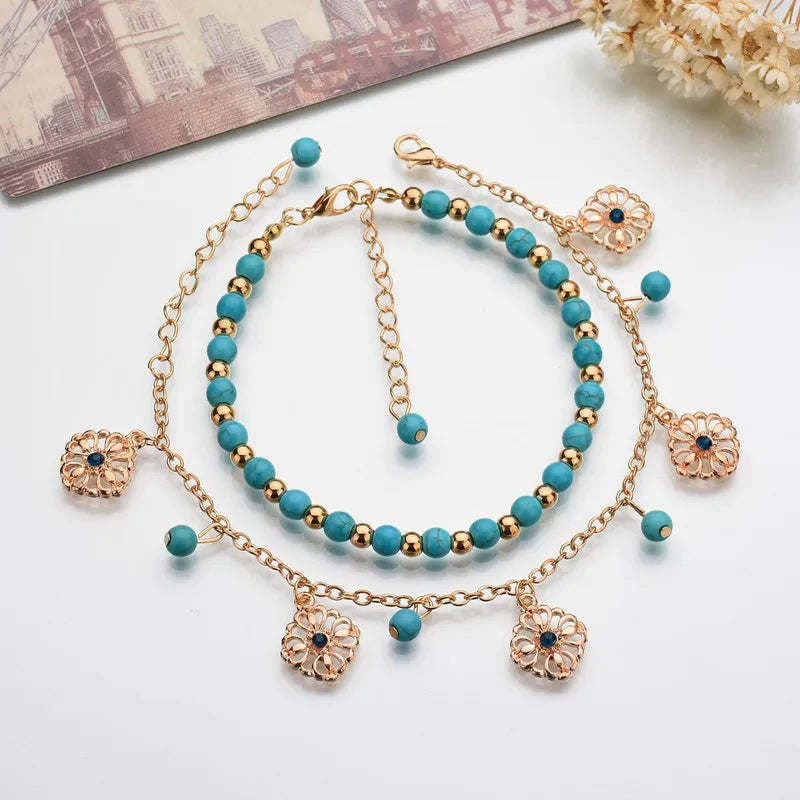 Bohemian Beads Ankle Bracelet Round Hollow Flower Anklet