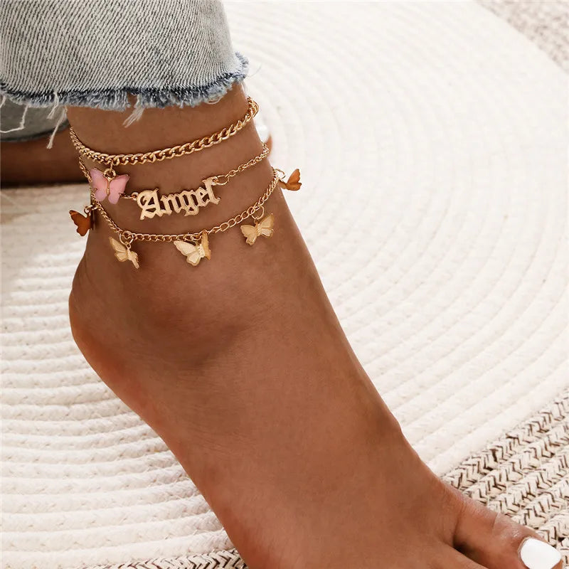 Pink Butterfly Anklets Set For Women Letter Angel Chain Anklet