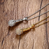 Gold Stainless Steel CZ Microphone Necklace & Pendant