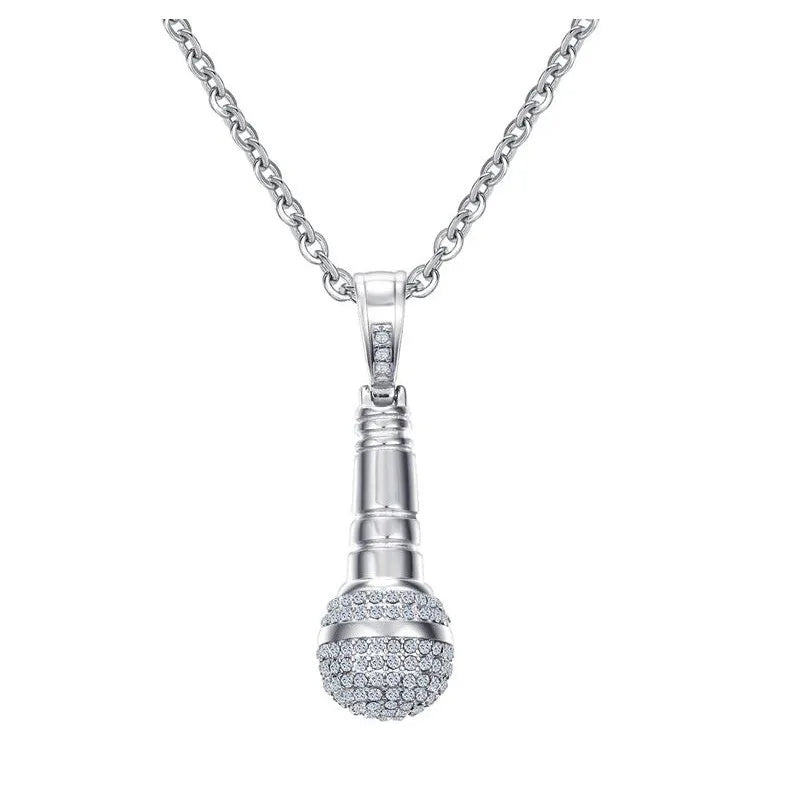 Gold Stainless Steel CZ Microphone Necklace & Pendant