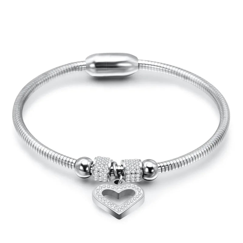 Heart Crystal Charm Bracelet with Snake Chain Stainless Steel Wedding Jewelry