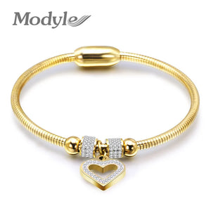 Heart Crystal Charm Bracelet 316L Stainless Steel Women Wedding Jewelry