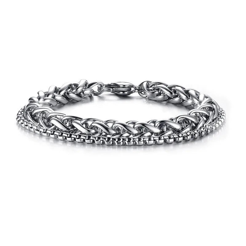 Punk Vintage Double Chain Bracelet Men Stainless Steel Wristbands