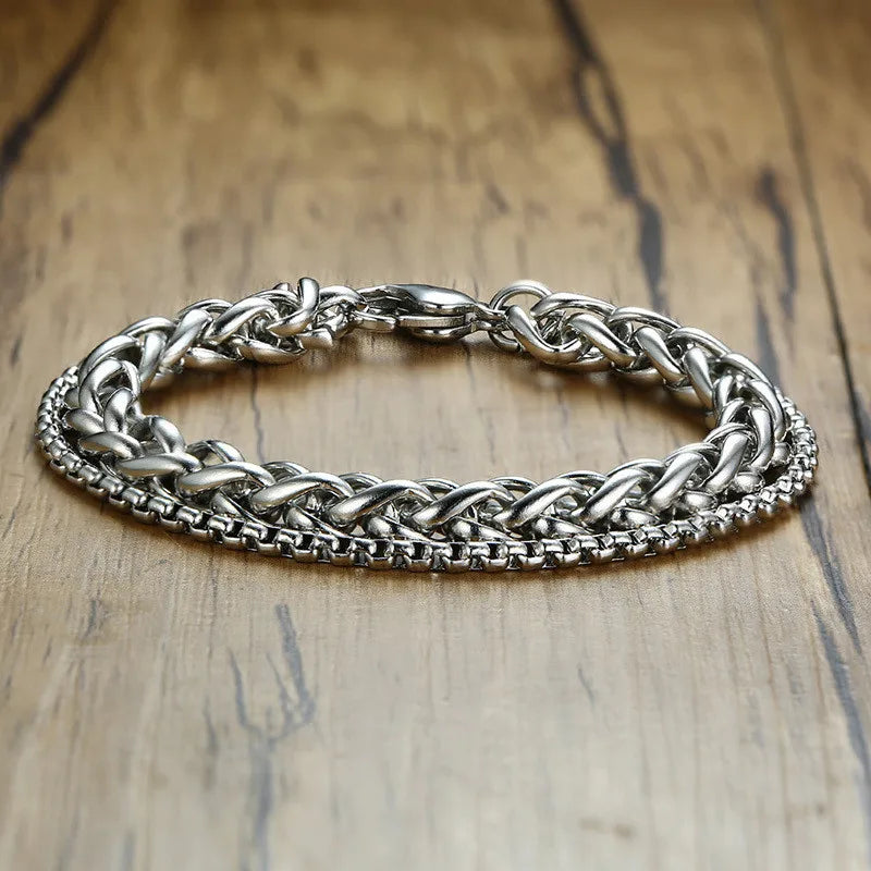 Punk Vintage Double Chain Bracelet Men Stainless Steel Wristbands