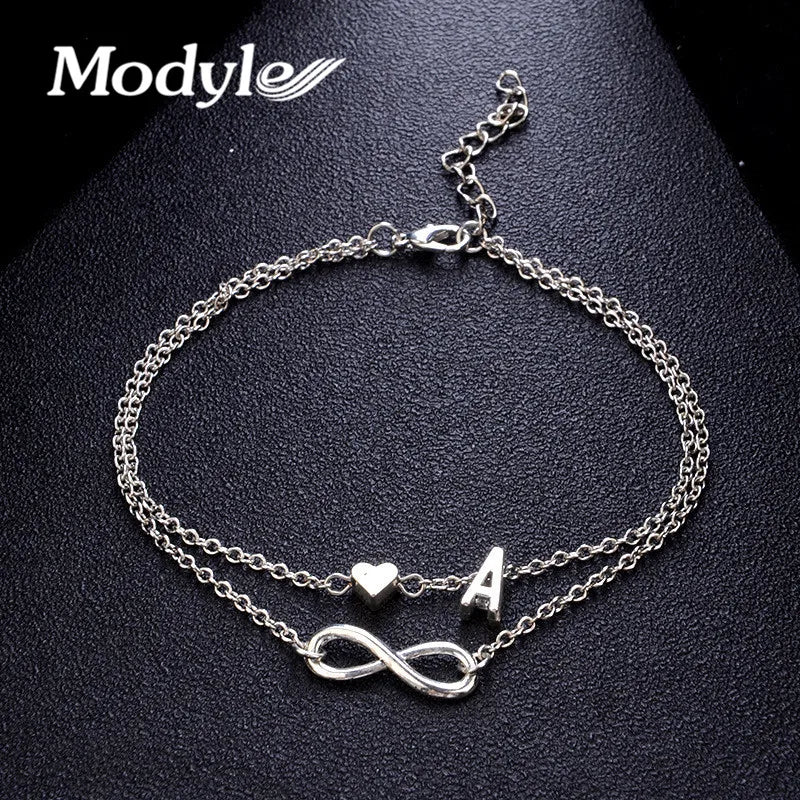 Vintage Silver Anklet Letter Heart Bohemian Charm Bracelet Woman