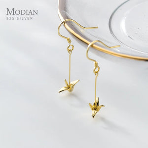 925 Silver Paper Crane Chain Drop Earrings for Women
