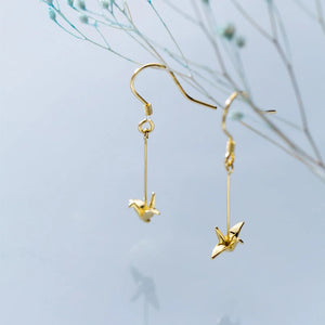 925 Silver Paper Crane Chain Drop Earrings for Women