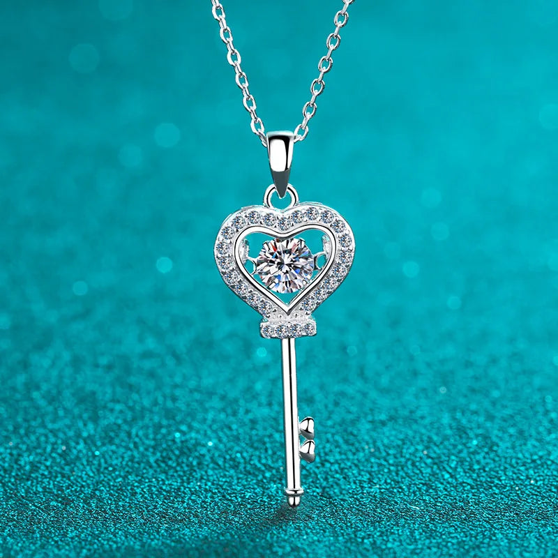 Moissanite Heart Key Pendant Necklace 0.5ct D VVS1 Sterling Silver