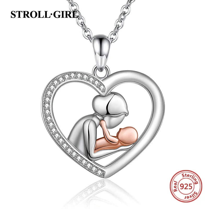 Mom & Child Zircon Pendant Necklace 925 Silver Rose Chain Gift