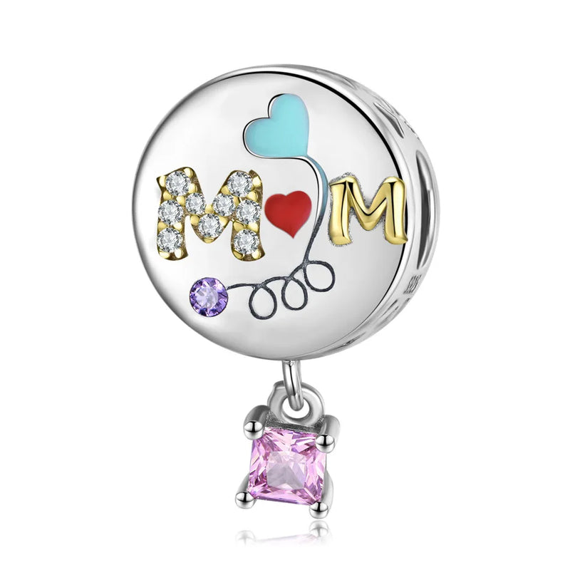 Mom Heart Balloon Coloured CZ Bead Silver Charm Gift