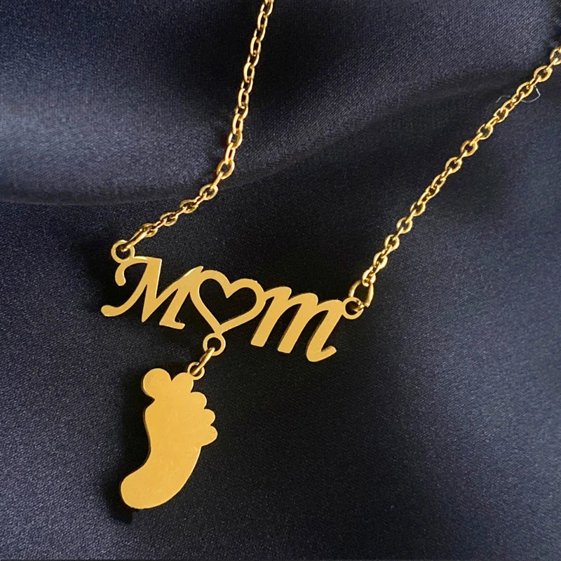 Mom Necklace Baby Feet Pendant Engrave Initial Name Date Family Memory