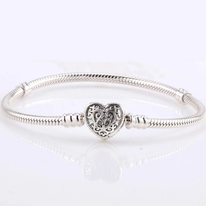 Heraldic Lace Heart Clasp Snake Bracelet 925 Silver Charm DIY Jewelry