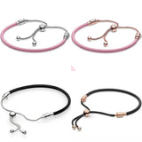 Adjustable Pink Leather Bracelet Bangle for 925 Silver Charm Jewelry