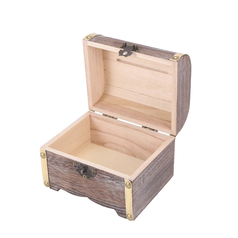 Money Lock Wooden Case Storage Box Treasure Jewelry Vintage with Keys