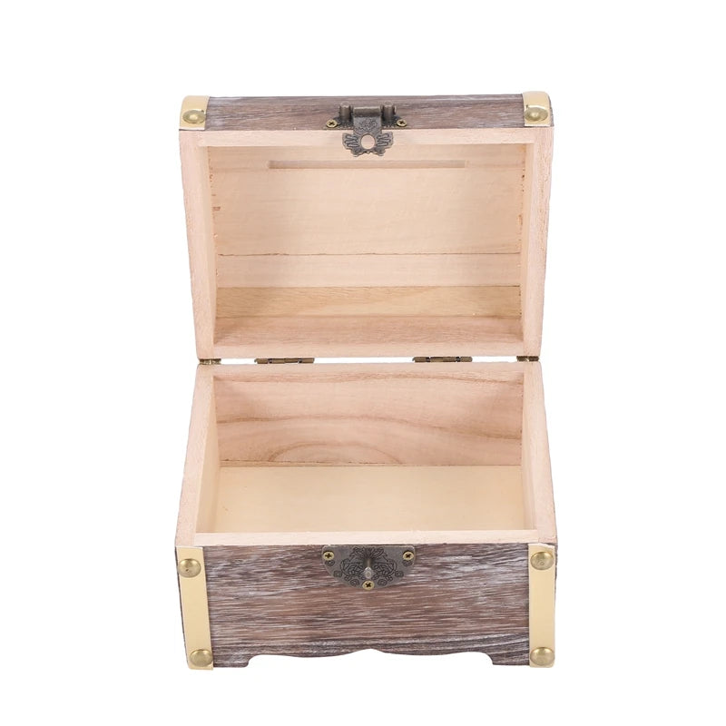 Money Lock Wooden Case Storage Box Treasure Jewelry Vintage with Keys