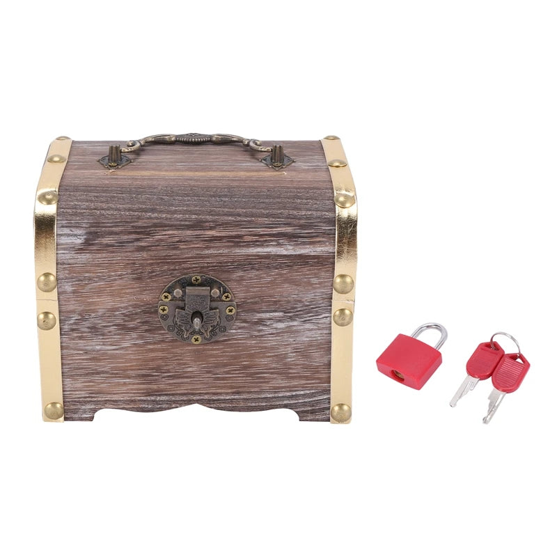 Money Lock Wooden Case Storage Box Treasure Jewelry Vintage with Keys