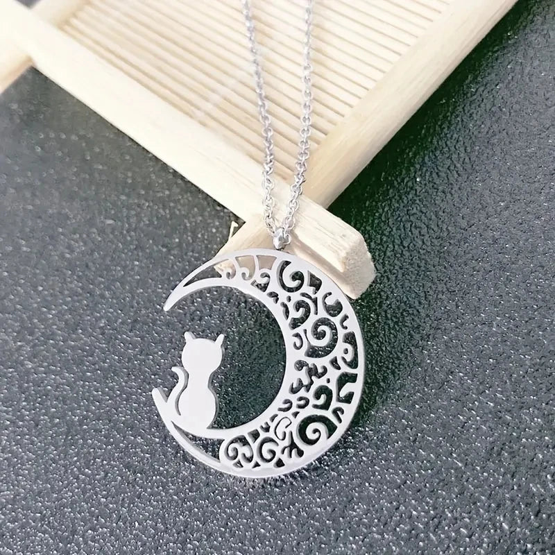 Moon Cat Pendant Necklace Vintage Gothic Alloy Charms Jewelry
