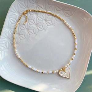 Moon Heart Pendant Pearl Necklace Choker Polymer Clay Heishi Beads Collar