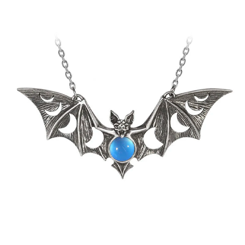 Moon Phase Bat Pendant Necklace With Gemstone Women's Jewelry