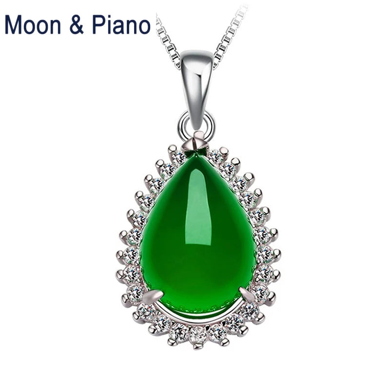 Moon Piano Green Chalcedony Silver Pendant Necklace