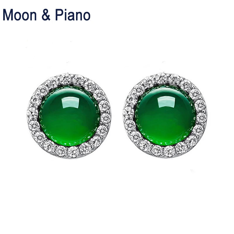 Moon Piano Green Chalcedony Stud Earrings 925 Silver