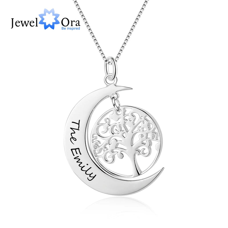 Moon Shape Tree Name Necklace Silver Pendant