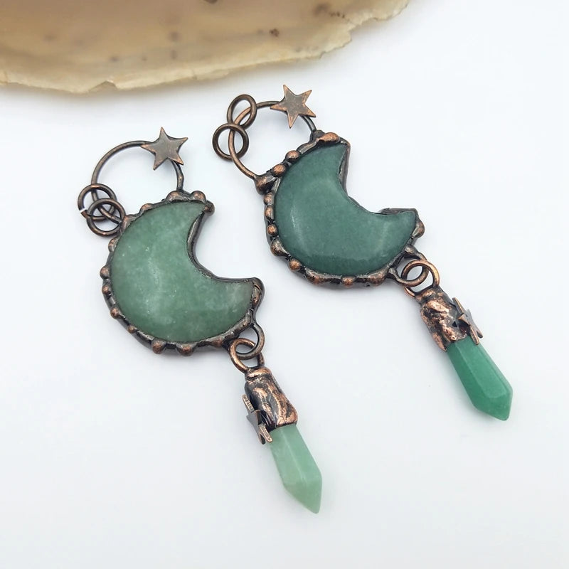 Moon Shape Gemstone Pendant Stars Green Adventurine Rose Quartz Amethyst