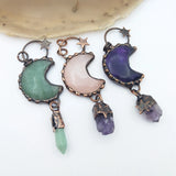 Moon Shape Gemstone Pendant Stars Green Adventurine Rose Quartz Amethyst