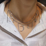 Moon Star Chorker Necklace 925 Sterling Silver Pendant