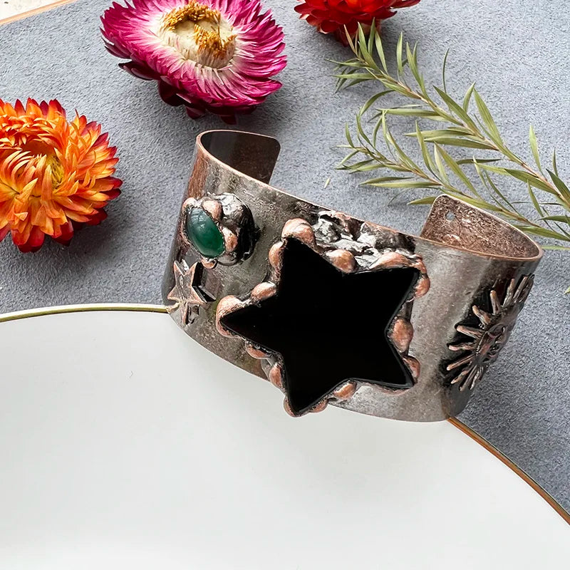 Moon Star Crystal Cuff Bangle Stone Vintage Bronze Bracelet