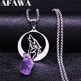Moon Wolf Purple Crystal Stainless Steel Necklace