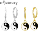 925 Sterling Silver Cathode Anode Hoop Earrings Enamel Tai Chi Pendant