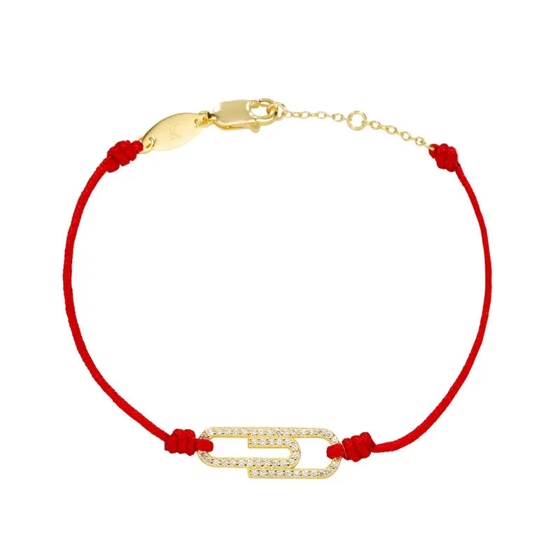 925 Silver Paper Clip Red Rope Bracelet CZ Crystal Wrist Jewelry