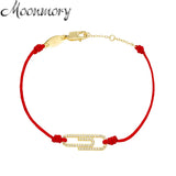925 Silver Paper Clip Red Rope Bracelet CZ Crystal Wrist Jewelry