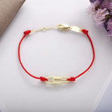 925 Silver Paper Clip Red Rope Bracelet CZ Crystal Wrist Jewelry