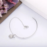 925 Silver Half Bangle Half Chain Bracelet Pearl Circle Pendant