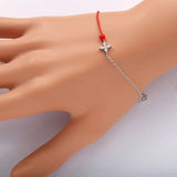 925 Silver Red Rope & Chain Bracelet Crystal Cross Women Jewelry