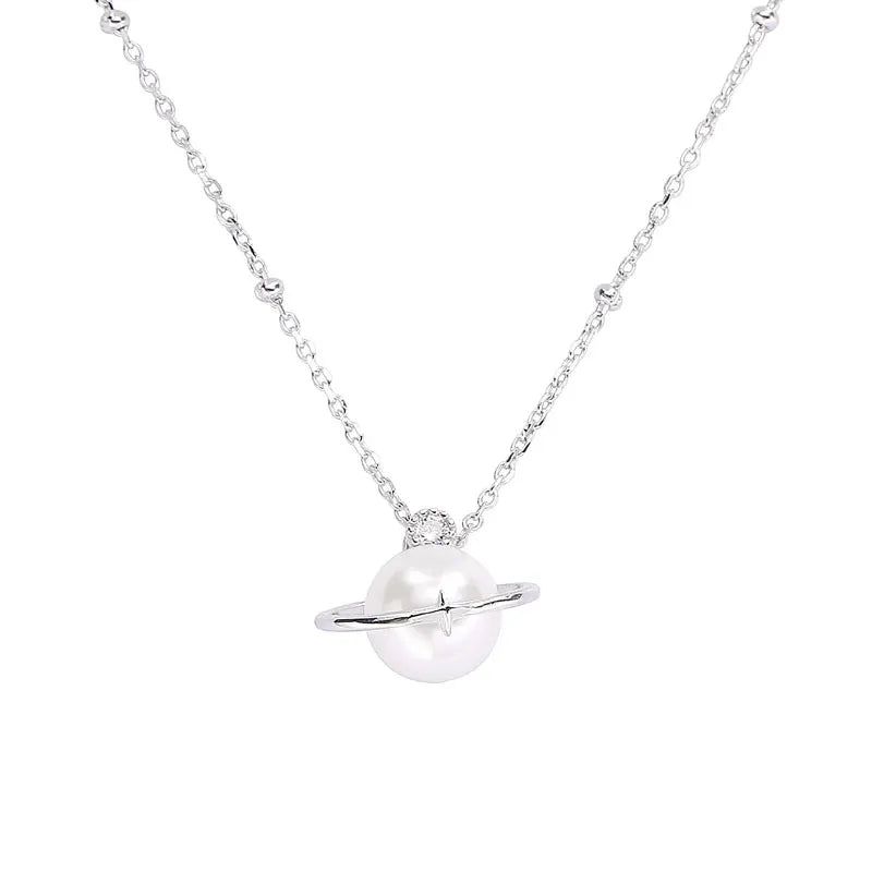 925 Silver Planet Trajectory Pearl Necklace for Women